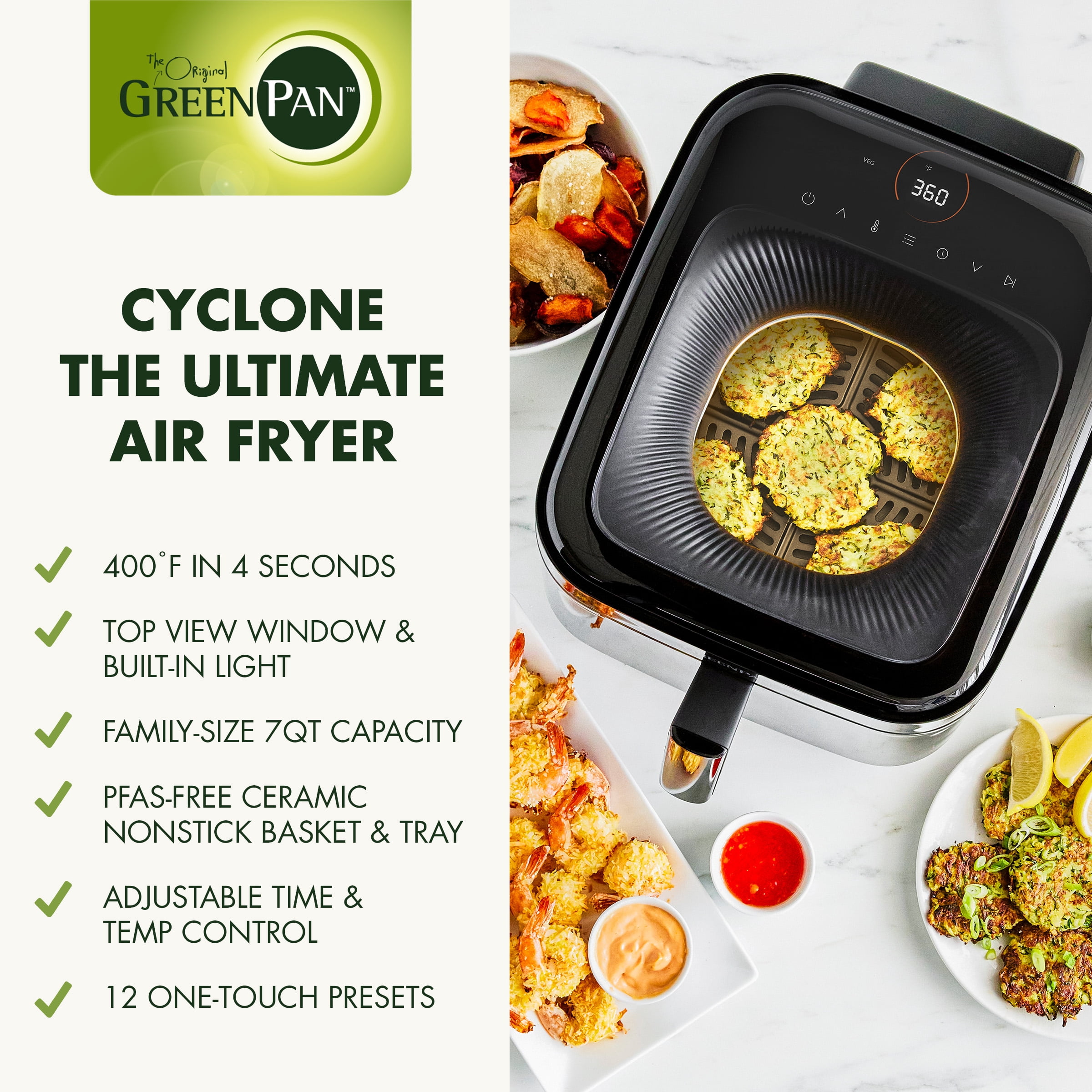 GreenPan Cyclone 7QT 12-in-1 Air Fryer, XL Easy View Window, 400 °F in 4 Seconds
