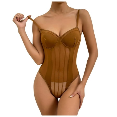 

EHTMSAK Women One Piece Lingerie Spaghetti Strap Sexy Tummy Control Shapewear Mesh Body Suits Teddy Lingerie Brown M