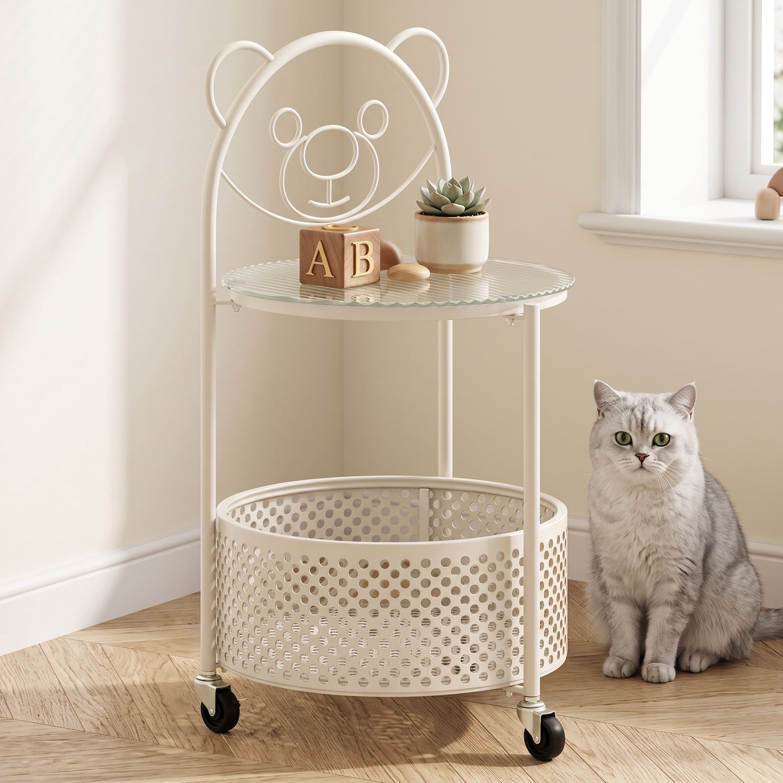 Furnibear Modern Sofa Side Table with Lockable Wheels, Round Tempered Glass End Table with Metal Storage Basket for Living Room Bedroom Study, Rolling C-Shaped, White