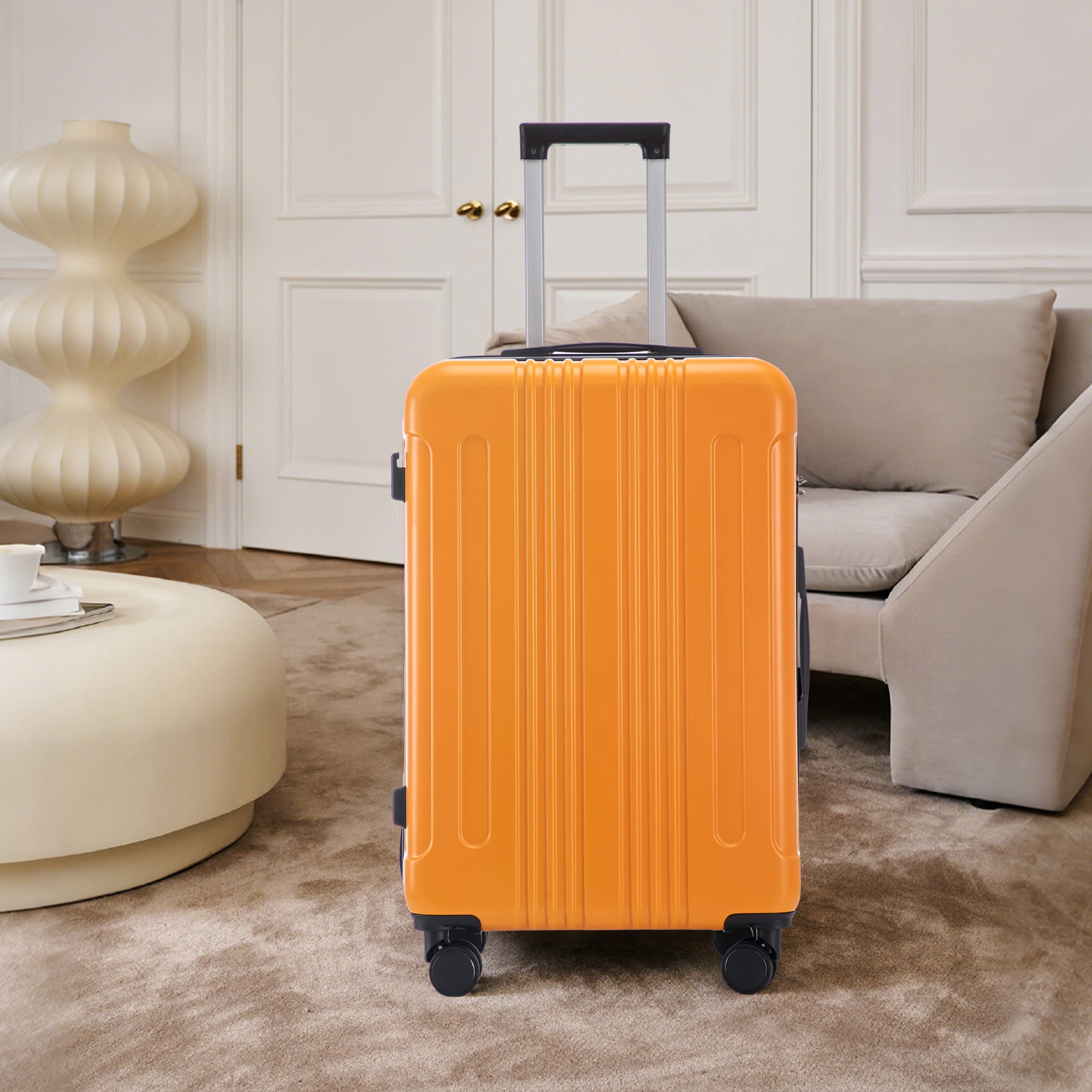20"/24"/28" 3 pcs/set in ABS Spinner Wheel Luggage, Carry on Suitcase, Matching Color, TSA Combination Lock (Black+Orange)