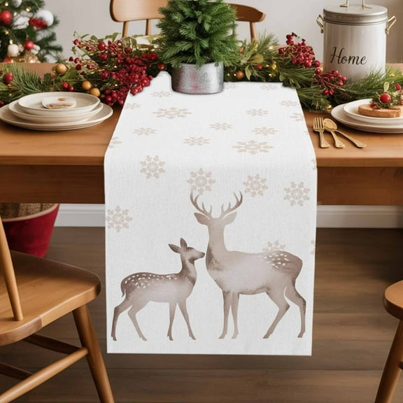 Burlap Table Runner 36 Inches Long,Winter Christmas Reindeer Shadow Non-Slip Kitchen Table Runners for Dining Room Everyday Use Party Table Decorations Snowflakes on Ivory