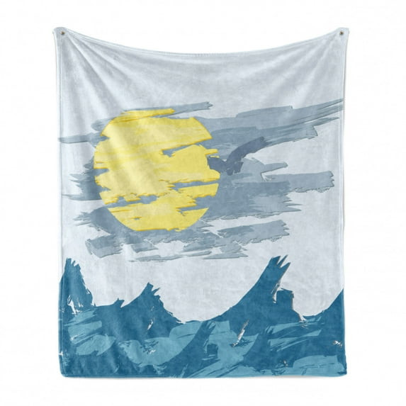 Sea Landscape Soft Flannel Fleece Throw Blanket, Sun and Waves Paint Strokes, Cozy Plush for Indoor and Outdoor Use, 50" x 70", Pale Yellow Sea Blue, by Ambesonne