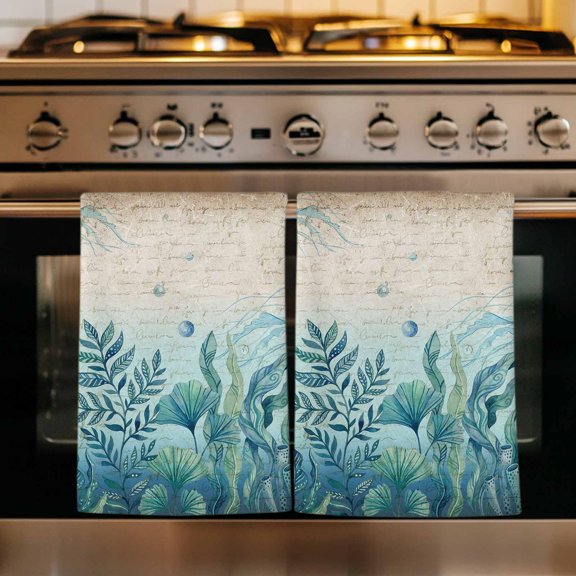 Turquoise Jellyfish Coastal Kitchen Towels Set of 3, Summer Ocean Seaweed Vintage Absorbent Dish Towels for Kitchen, Microfiber Hand Towel, Quick Drying Tea Towel for Cleaning Decorative Dishcloths