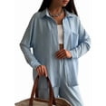 thumbnail image 3 of Conjuntos de 2 Piezas para Mujer: Conjuntos Casuales de Salón, Camisas de Larga con Botones y Pantalones de Pierna Azul XL, 3 of 9