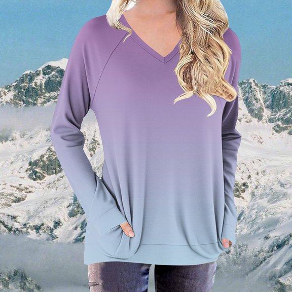 Tauxra Womens Casual Tops,Gradient Printed V-Neck T-Shirt for Women,Long Sleeve Raglan Sleeve Casual Loose Top,T-Shirts for Women,Womens Fashion Tops