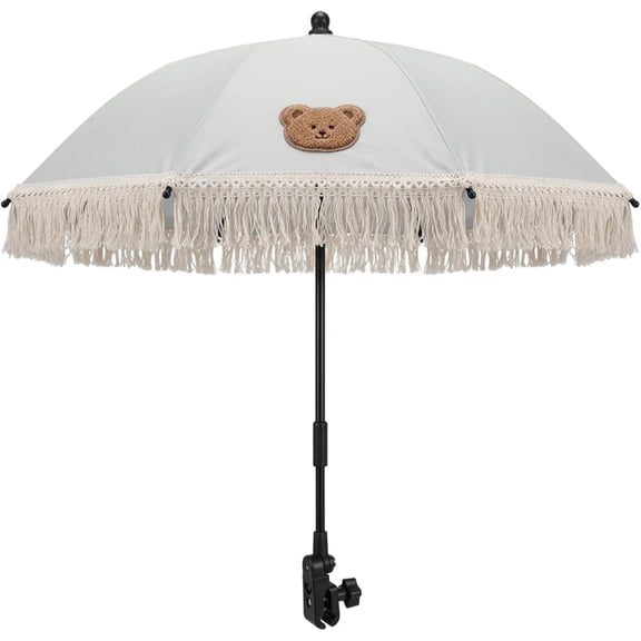 Chair Umbrella with Clamp, Baby Outdoor Parasol, Portable Stroller Sun Shade, Cute Bear Clip-On Sun Umbrella, UPF50 , Waterproof, Baby Pram Shade for Stroller, Bike, Outdoor Walk Protection