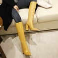 thumbnail image 4 of hopeusnice Women's Knee High Boots Pointed Toe Block Heel Over The Knee Boots Faux Leather Chunky Heel Dress Boots Elegant Fall Winter Shoes Yellow 43, 4 of 7