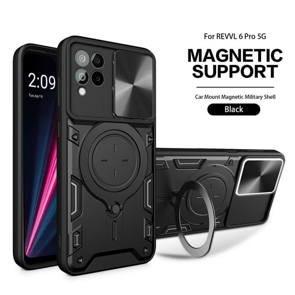 T-Mobile REVVL 6 PRO 5G Phone Cases, TPU PC Shockproof Magnetic Phone Case with Free Adjustment Ring Holder for REVVL 6 PRO 5G in Black