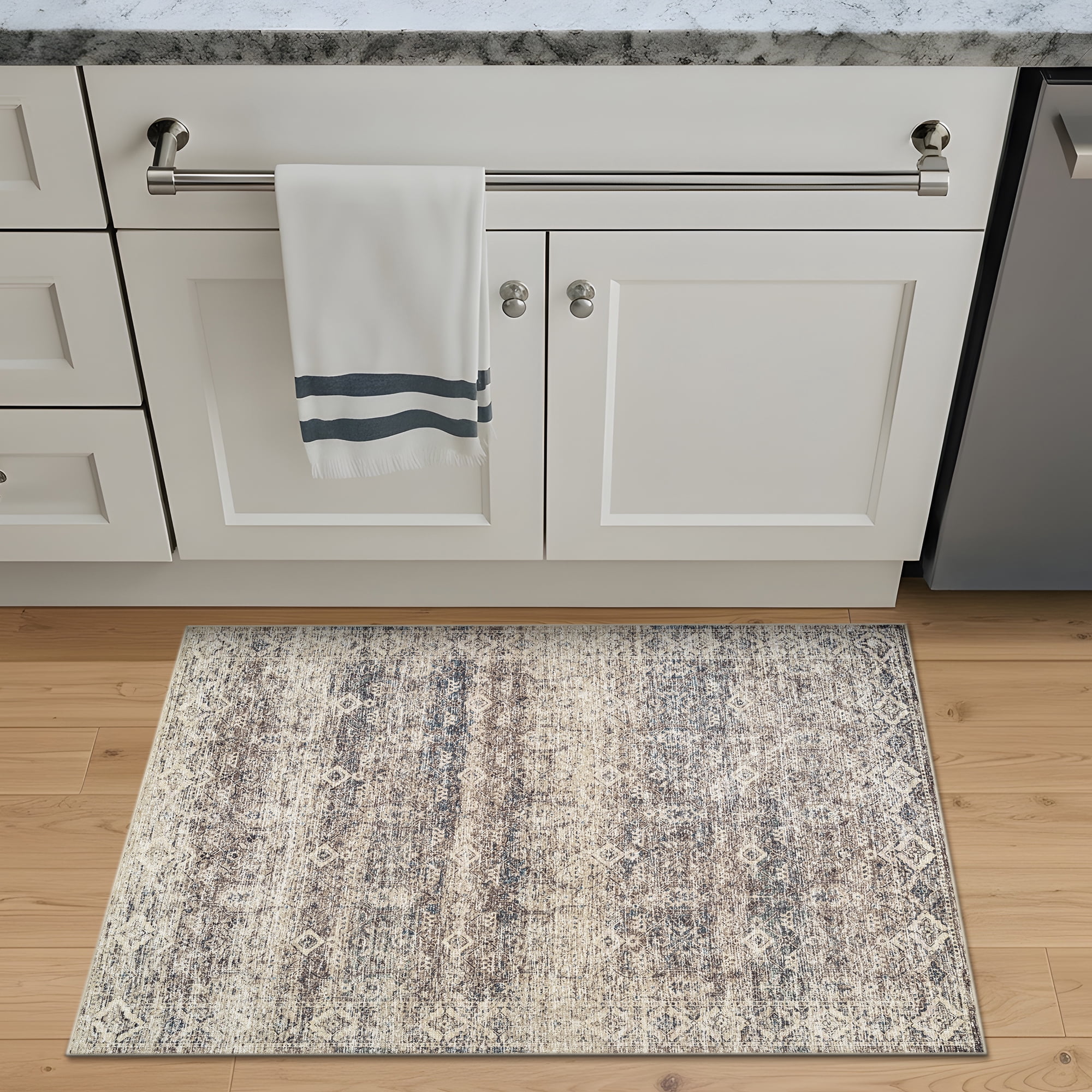 Bloom Rugs Washable Non-Slip 2x3 Rug - Beige Brown / Teal Traditional Oriental Area Rug for Living Room, Bedroom, Dining Room, and Kitchen - Exact size: 2' x 3'