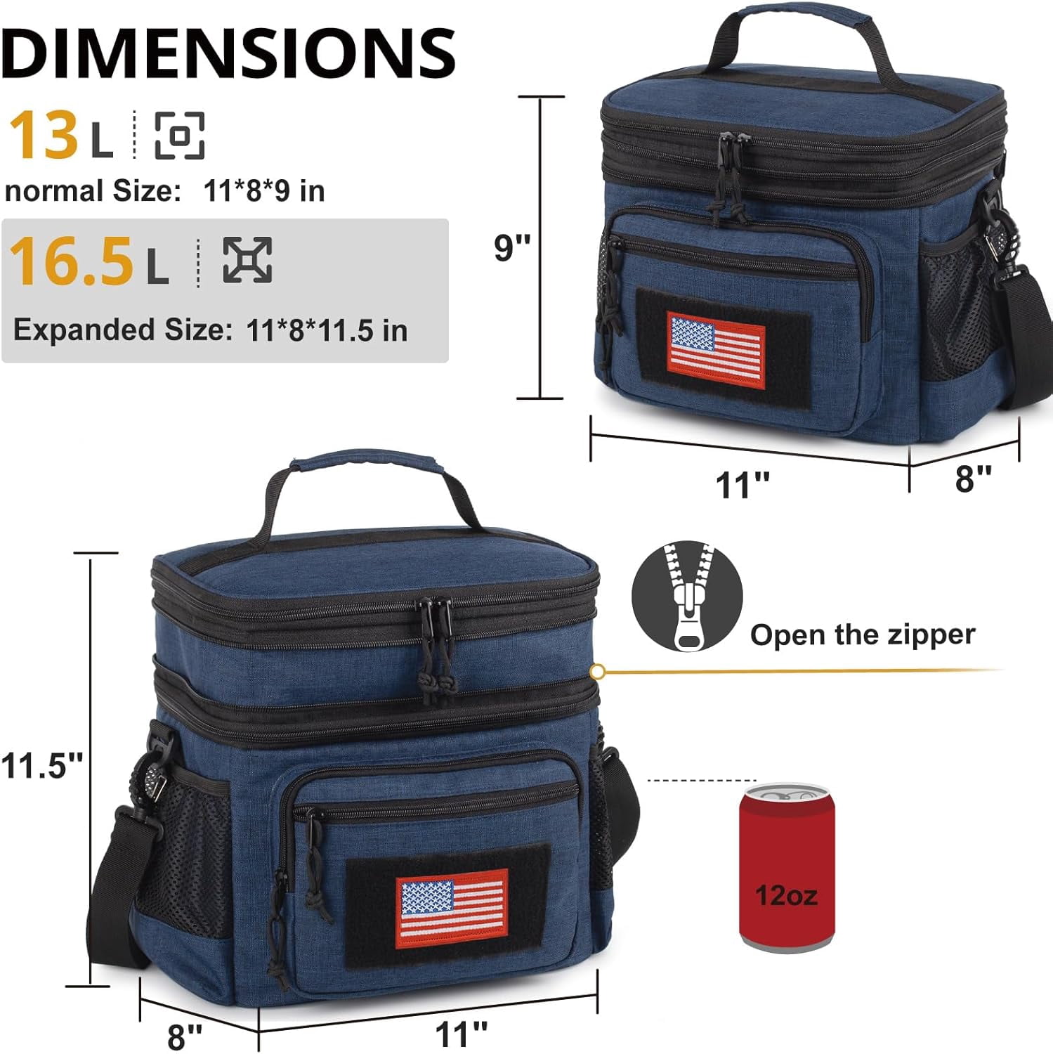 ATRIPACK Double Deck Lunch Box for Men, Lunch Cooler Bag Work with Shoulder Strap Webbing Large Capacity Leakproof Insulated(19.5 Blue)