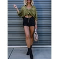 thumbnail image 6 of Women'S Cropped Denim Shirt Roll Up 3/4 Sleeve Casual Loose Drawstring Hem Button Front Jean Jacket Olive Color S, 6 of 7