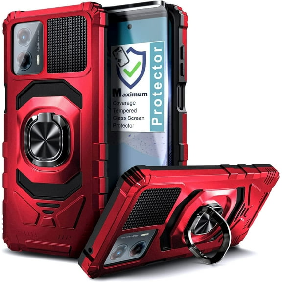 Nagebee Phone Case Compatible for Motorola Moto G 5G (2023) with Tempered Glass Screen Protector (Full Coverage), Full-Body Protective [Military-Grade] Magnetic Car Mount Ring Holder Durable (Red)