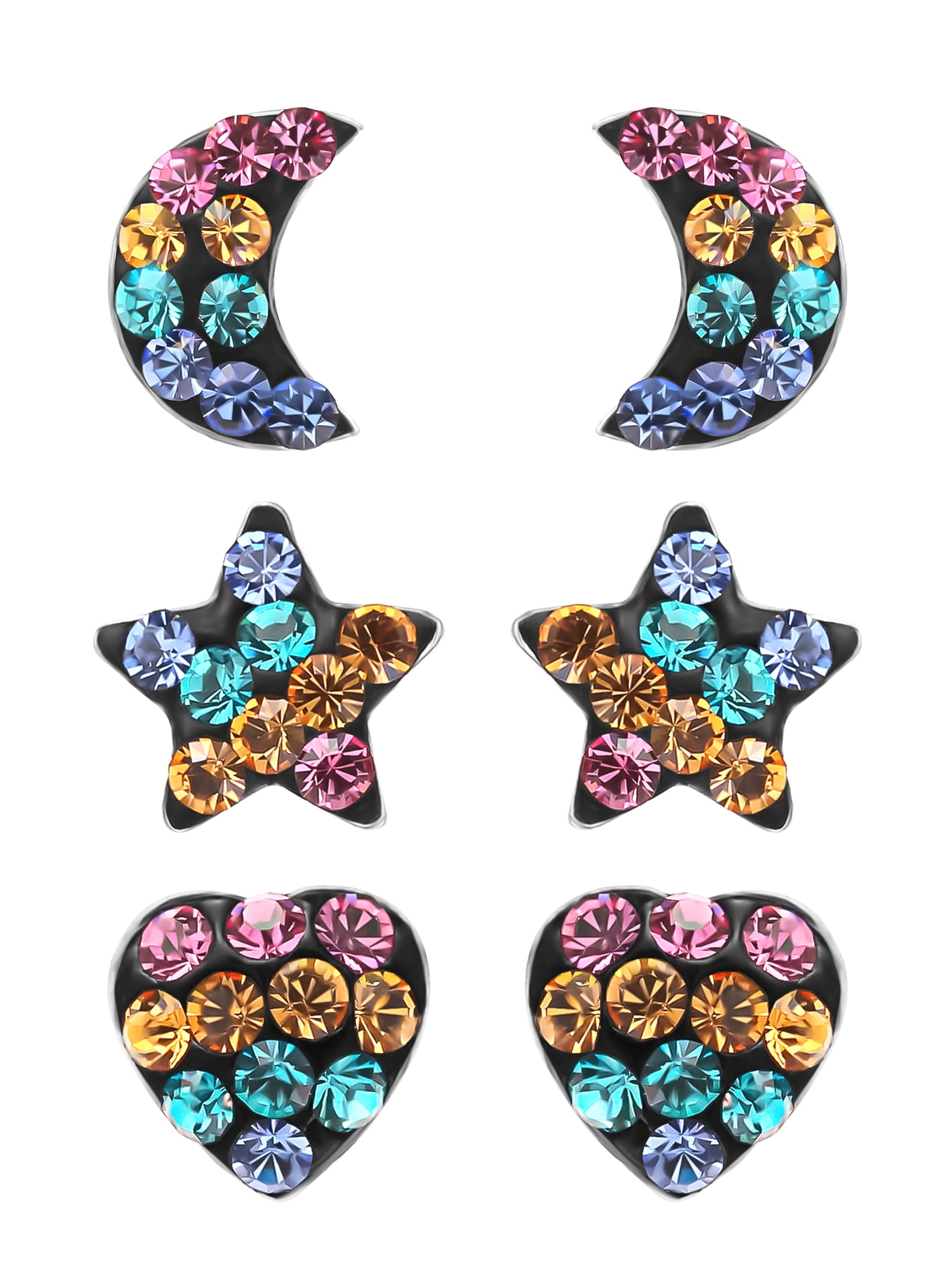 Brilliance Fine Jewelry Girl’s/Tween Sterling Silver Crystal Heart, Star and Moon Stud Earring Set