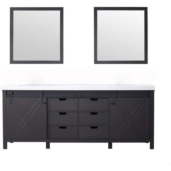 Lexora Home Marsyas 84" Quartz Top Double Vanity with Sinks and Mirrors in Brown
