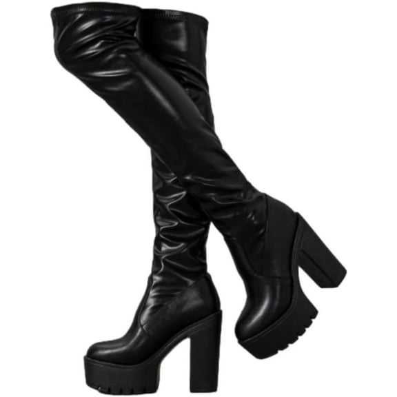 Women Fashion Black Thigh High Boots Pu Leather Over The Knee High Boots Platform Chunky Block Heel Stretch Boots Stretch Go-Go Boot Party Boots