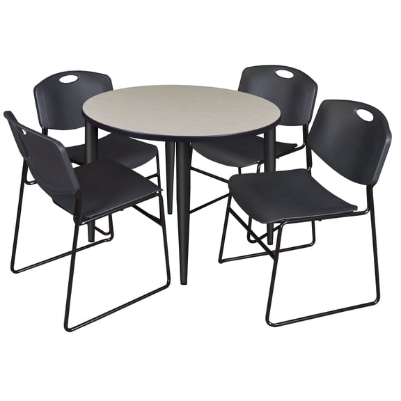 42" Round Breakroom Table- Maple Top- Black Base & 4 Zeng Stack Chairs- Black