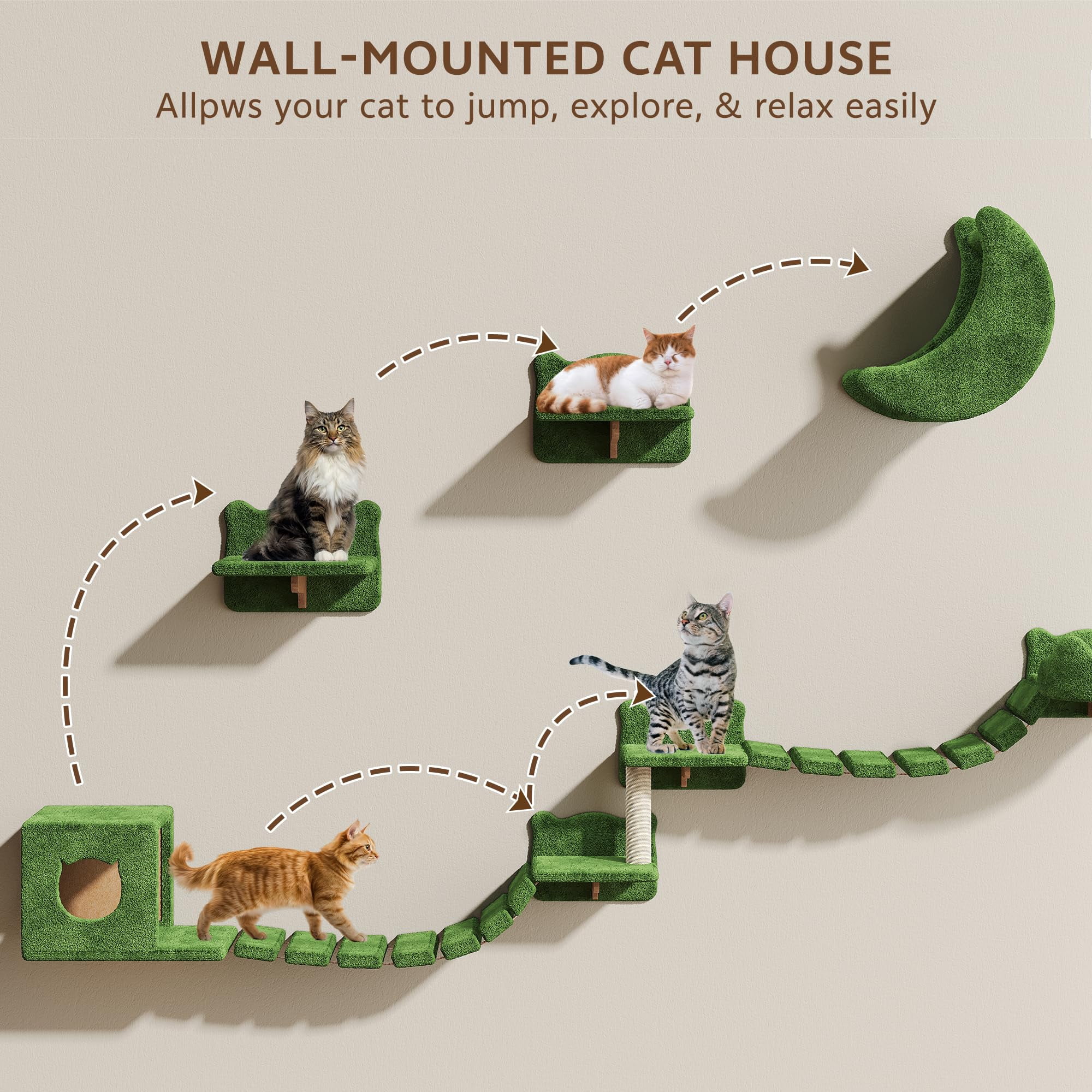 13-in-1 Cat Wall Shelves  Mounted Cats Furniture Set With Plush Fabric Climbing Systems Shelf Moon Hammock Condo House Step Bridge Ladder Green