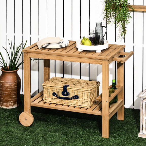 Natural Wood Serving Cart - Outdoor Rolling 2 Shelf Bar With Wine Bottle Slots For Garden, Dining Dining, Finish