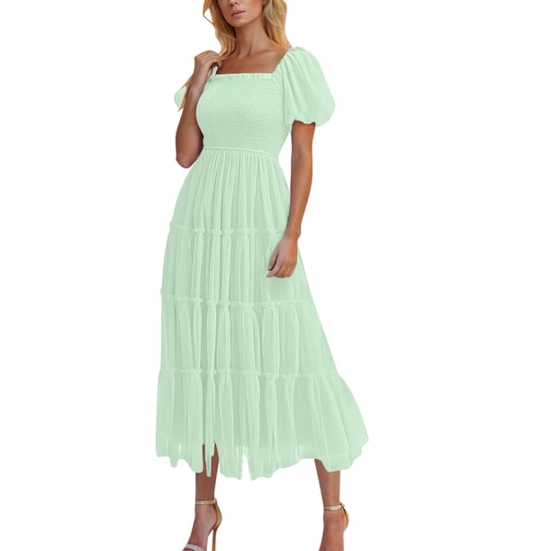Vestido de Manga Larga Maxi para las Mujeres Caída Sólido Plisado, Sexy Manga Corta Elástica Cintura Boho Bolsillos