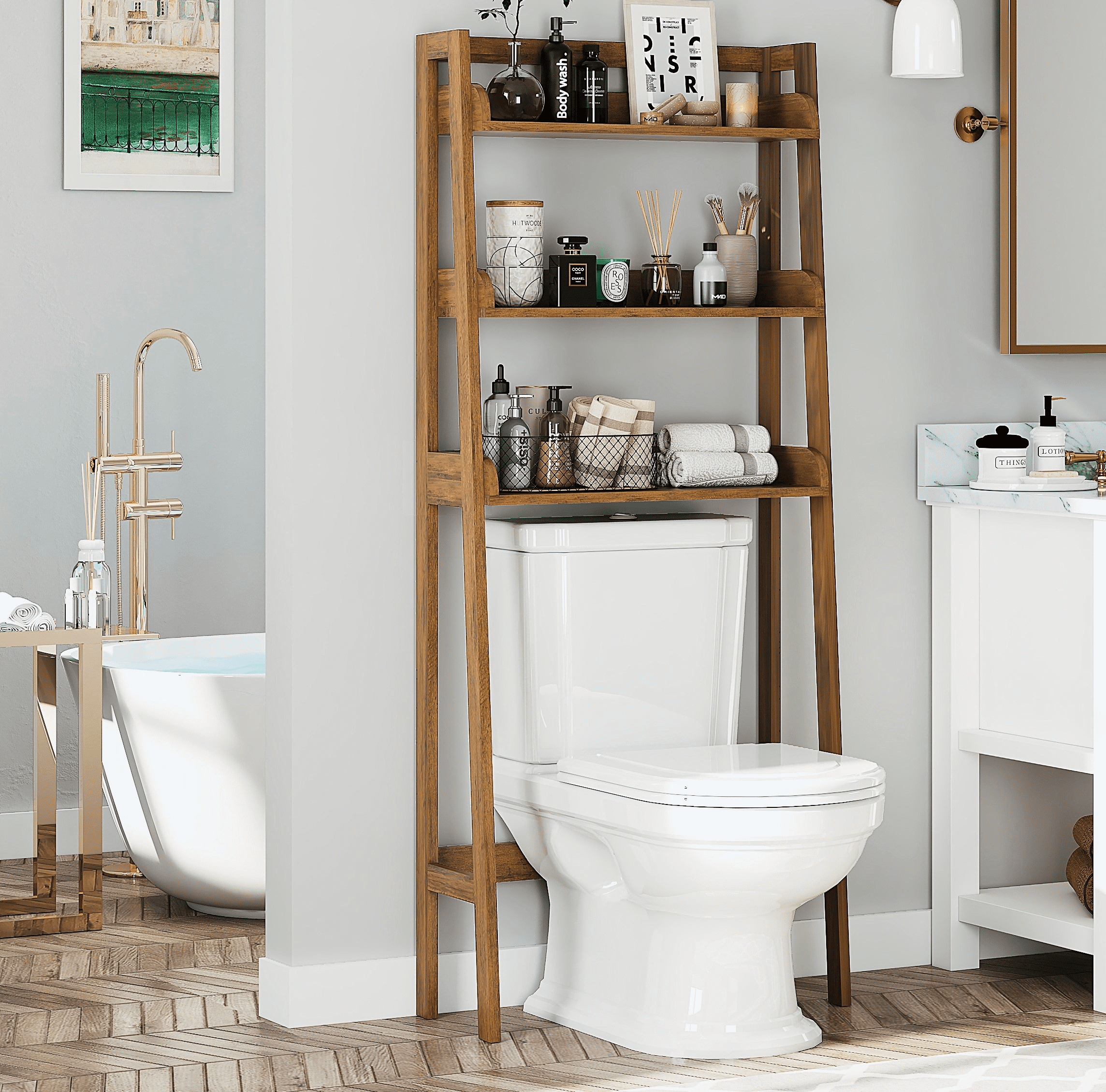 STAROUS 3-Shelf Bathroom Organizer Over The Toilet, Bathroom Spacesaver (Wood Grain)