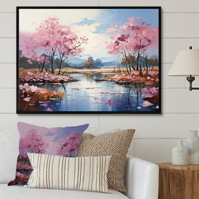 Designart Large Tree black framed wall art, Charming Country Pink Blossom Trees , Trees framed wall art decor, Pink black framed wall art, 32x16 inches black frame