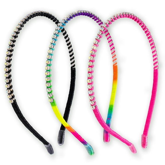 FROG SAC 3 Thin Headbands for Girls - Rhinestone Head Bands for Kids, Little Girl Sparkle Headband, Toddler Hair Band Accessories, Skinny Hairbands for Children