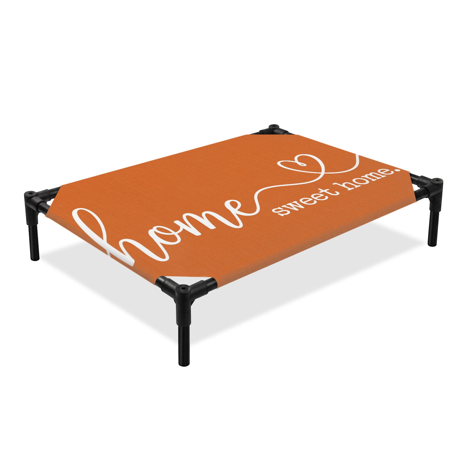 Home Sweet Home Elevated Dog Bed, Vintage Minimalist Classic Orange Lettering Linen Texture Cooling Breathable Outdoor Raised Dog Cot Bed with Metal Frame Non-Slip Feet for Large Dog 28x22in