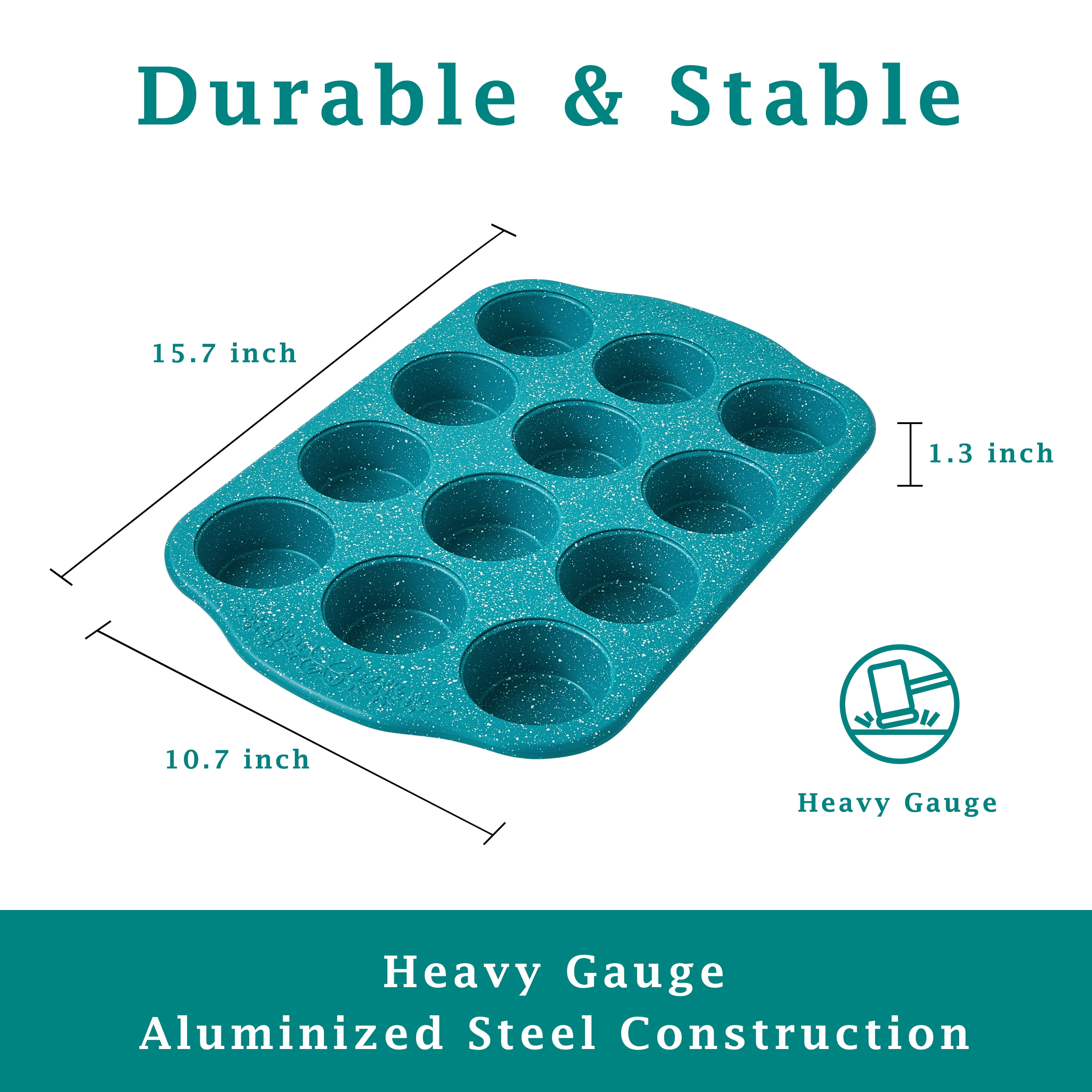 (3 pack) The Pioneer Woman Teal Speckle Timeless 12-Cavity Nonstick Muffin Pan, 15.72", Blue