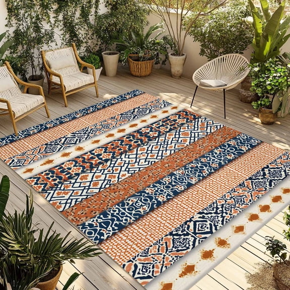 Bohemian Orange Outdoor Rug 4x6 ft Floral Geometric Texture Retro Ethnic Art Non Slip Patio Rug Washable Absorbent Large Outdoor Carpet Outside Mat for Porch RV Garden Camping