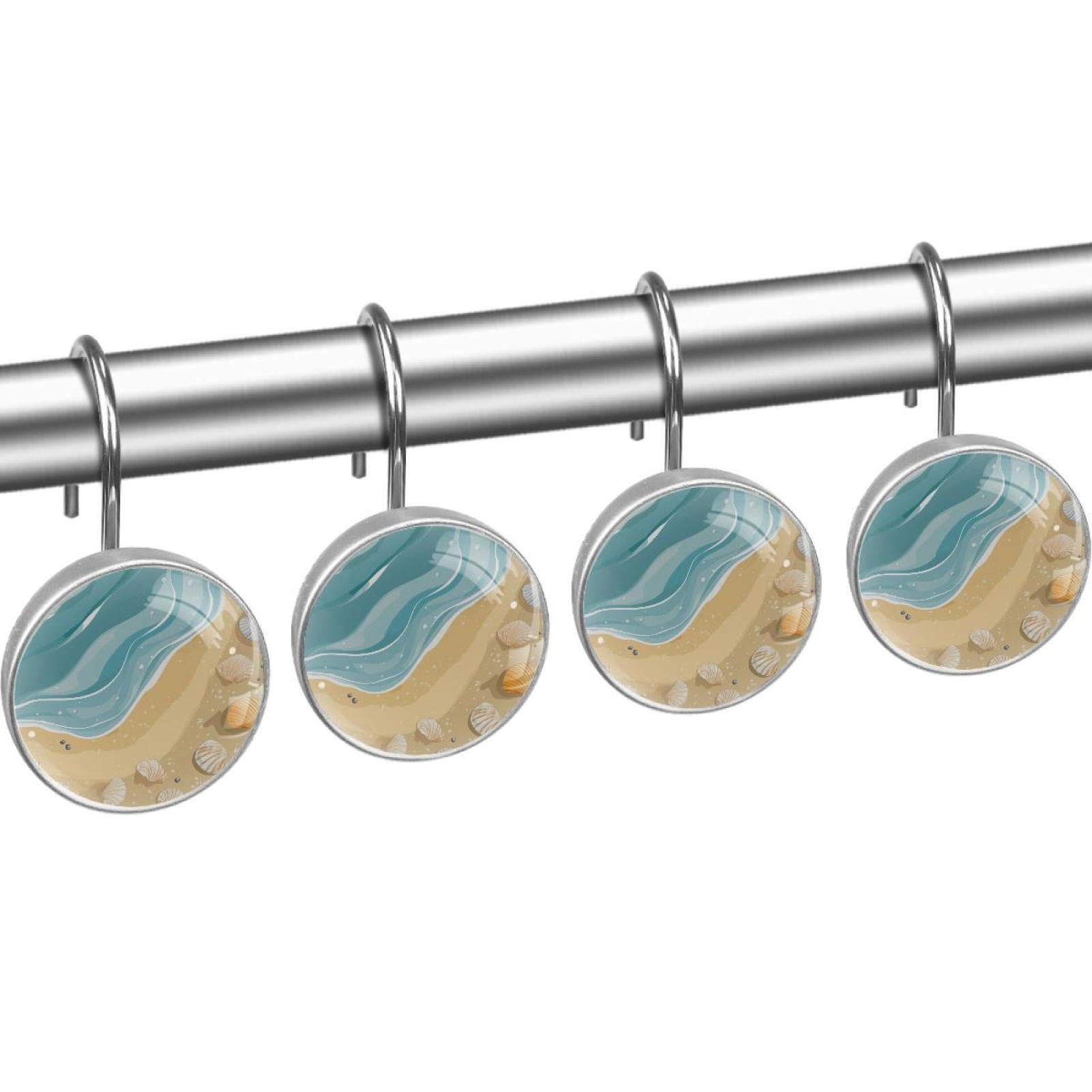 Beach Sand Shells Seawater Shower Curtain Hooks Round Crystal Glass, Set of 12 Shower Curtain Rings - Shower Hooks for Curtain Shower Rings