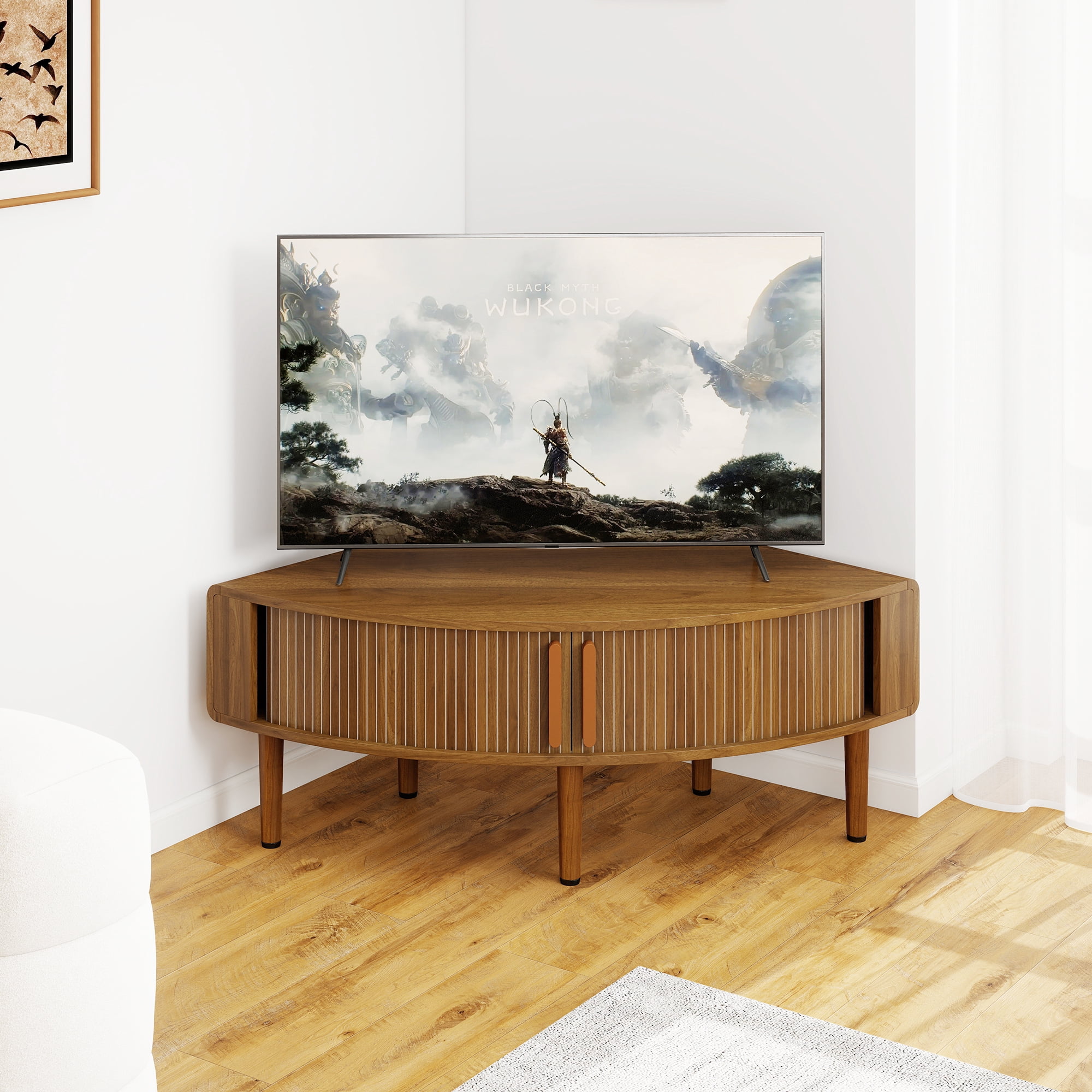 Corner TV Stand for 40 inch TV, Curved Corner Entertainment Center with Storage, Mid-Century Modern Media Console with Sliding Doors,for Living Room, Bedroom, Apartment, Walnut