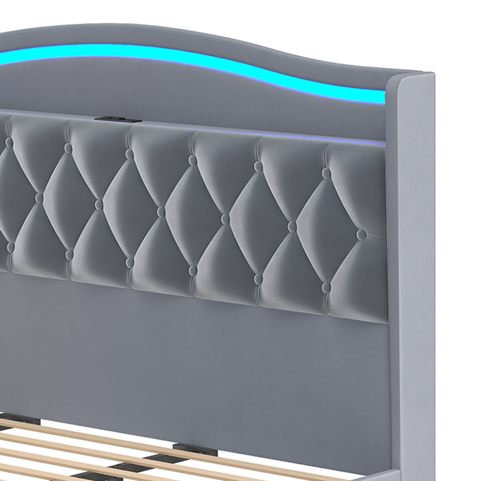 Uforic King Size Bed Frame with Power Outlets & LED Lights, Upholstered Storage Bed Frame with Drawers & Headboard, Gray
