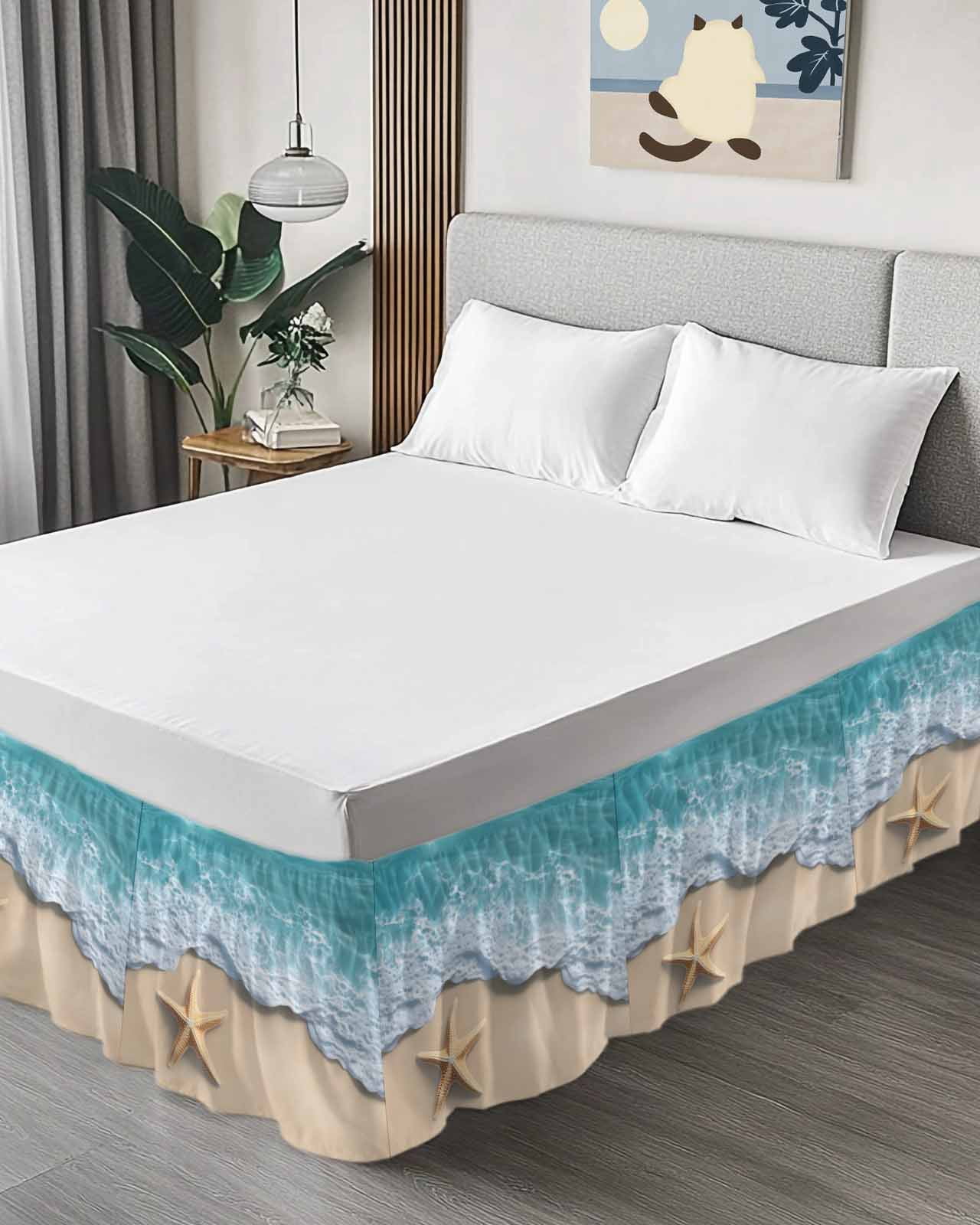 Teal Coastal Wrap Around Bed Skirts for King Bed 18" Drop,Bed Skirt with Adjustable Elastic Belt Dust Ruffle Bed Valance for Bedroom Hotel Summer Beach Starfish Nautical Seaside Bed Frame Cover