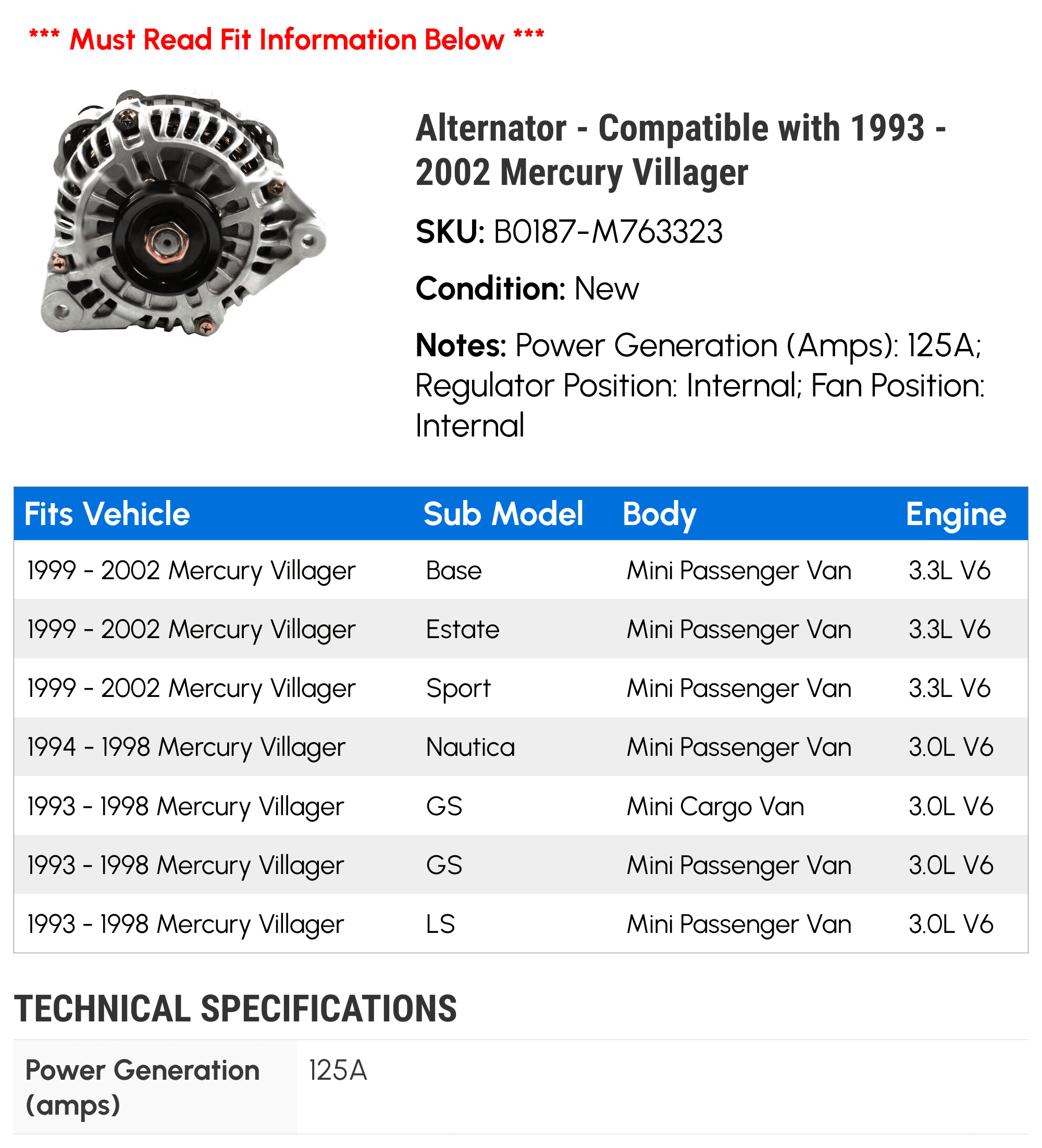 Alternator - Compatible with 1993 - 2002 Mercury Villager 1994 1995 1996 1997 1998 1999 2000 2001