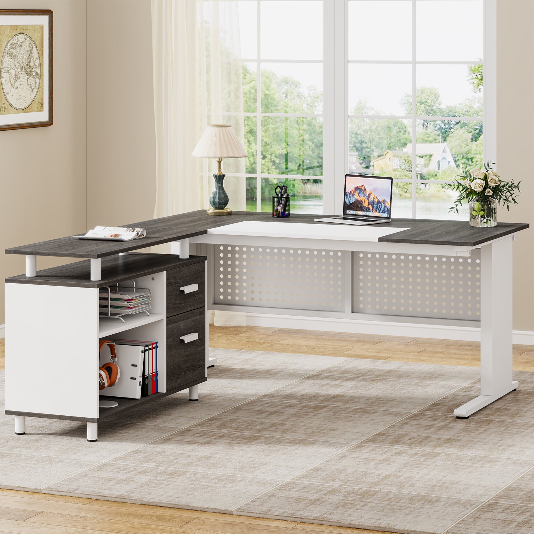 Tribesigns 63 Inch Executive Desk with File Cabinet, Large Office Desk L Shaped Computer Desk with Drawers and Storage Shelves, Business Furniture Desk Workstation for Home Office, Gray and White