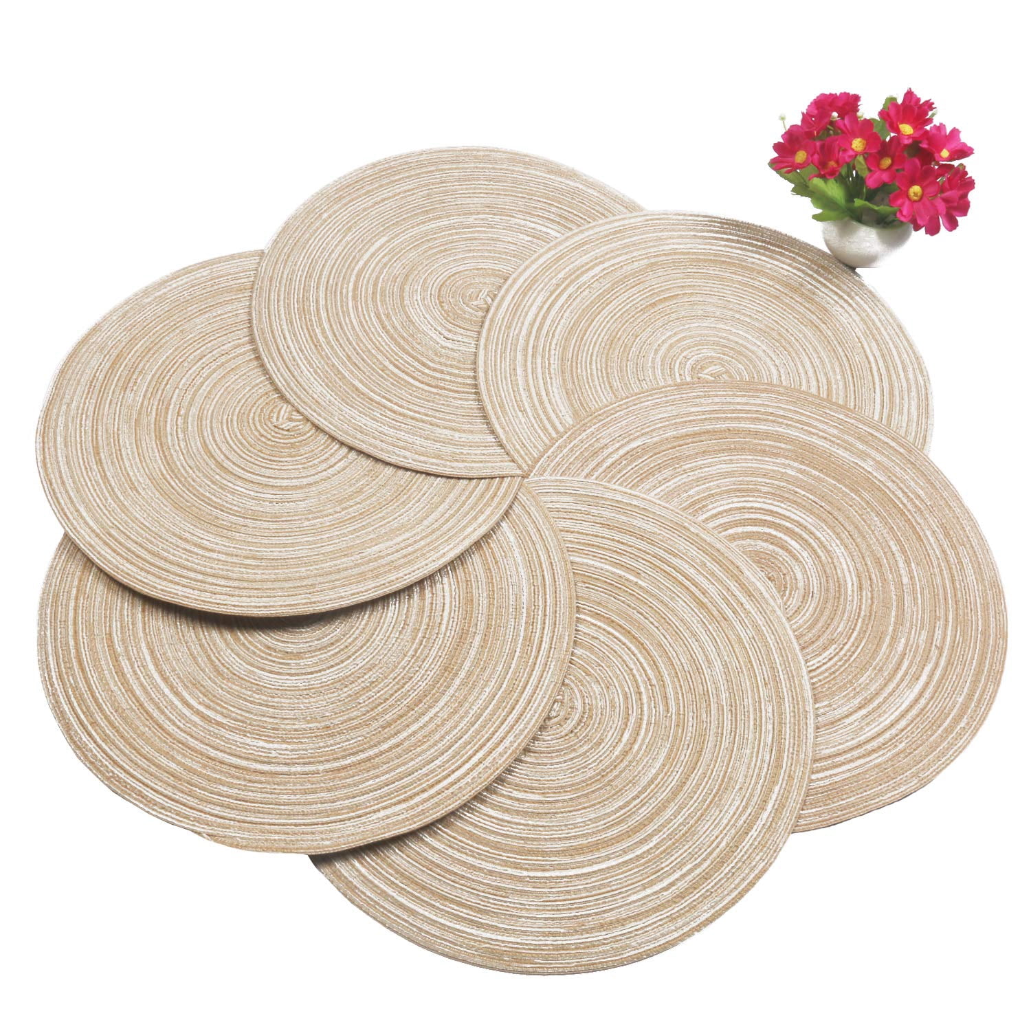 Coolmade Round Rop Cotton Braided Table Place Mats Braided Coaster Placemas Non-Slip Table Mats Set of 4 for Dining Kitchen Table Washable 15 inch