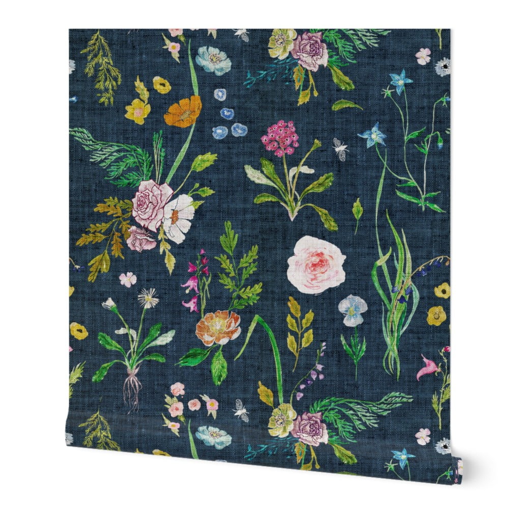 Wallpaper Roll Dark Floral Summer Daisy Navy Blue Flowers