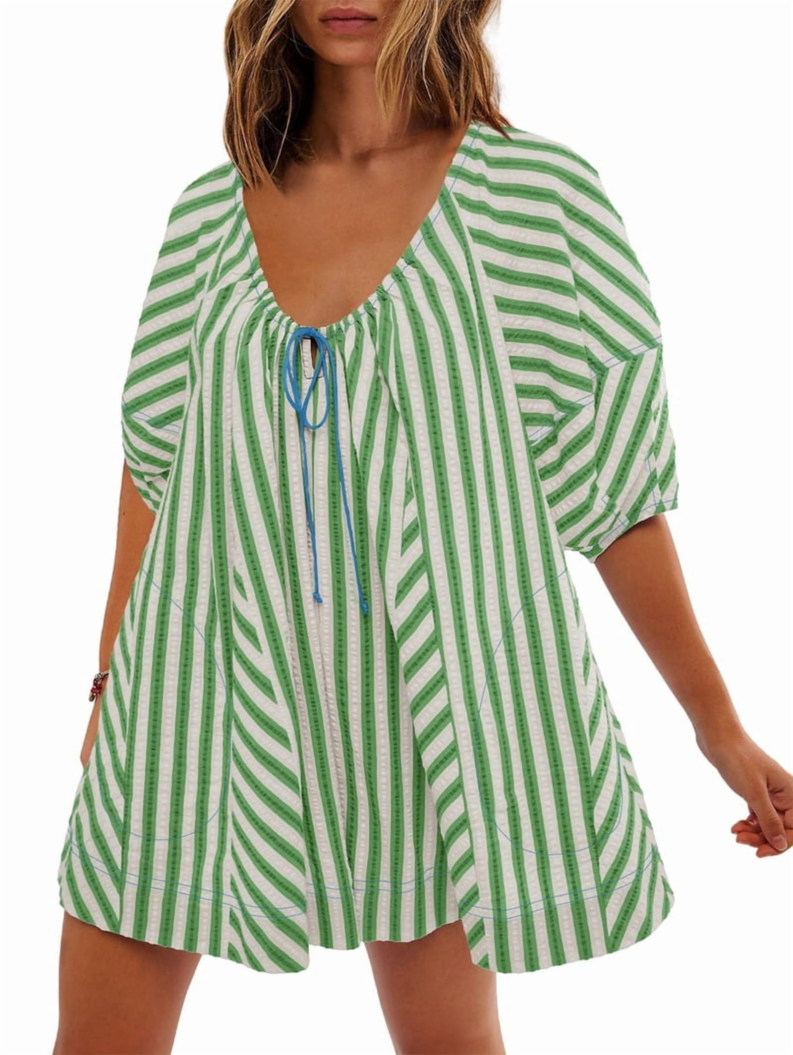 Womens Oversized Striped Romper Dress Shorts Jumpsuit Beach Vacation Clothes with Pockets