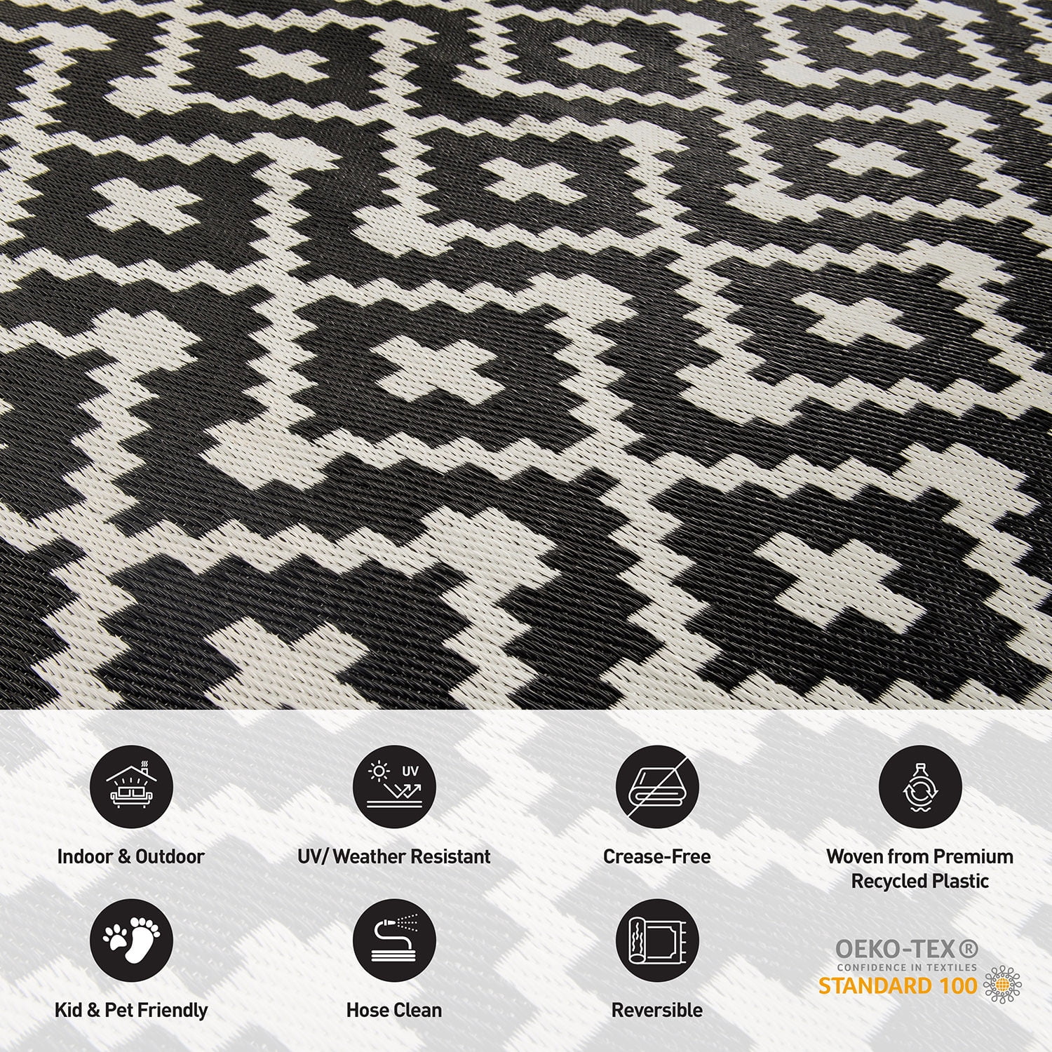 World Rug Gallery Trellis Geometric Reversible Plastic Indoor and Outdoor Picnic Mat, Camping Rug, RV Rug - BLACK 5' X 7'