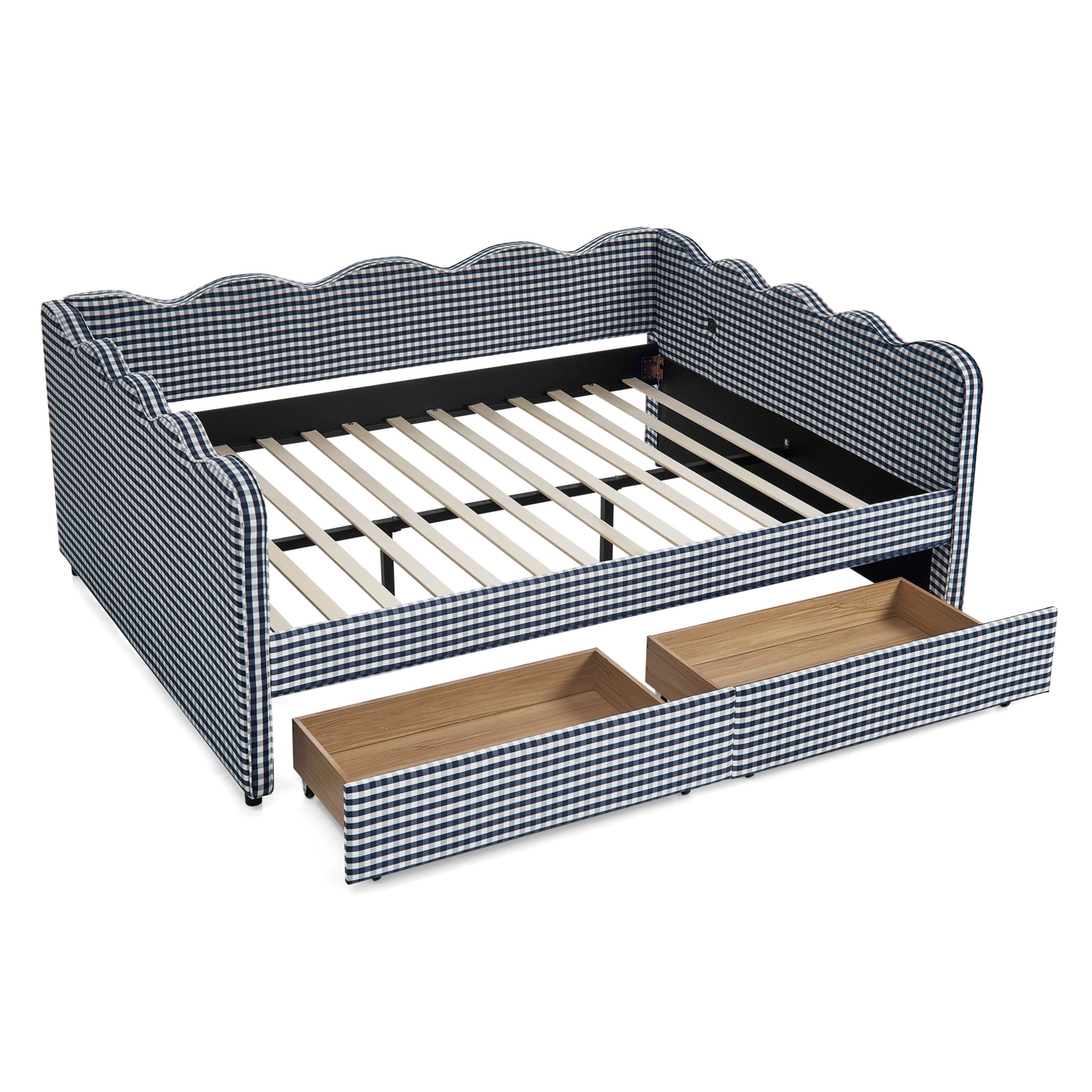 Noble House Corlan Queen Size Waved Daybed, Cozy Gingham Linen Sofa Bed with Storage Drawers and Charging Port, Navy Blue