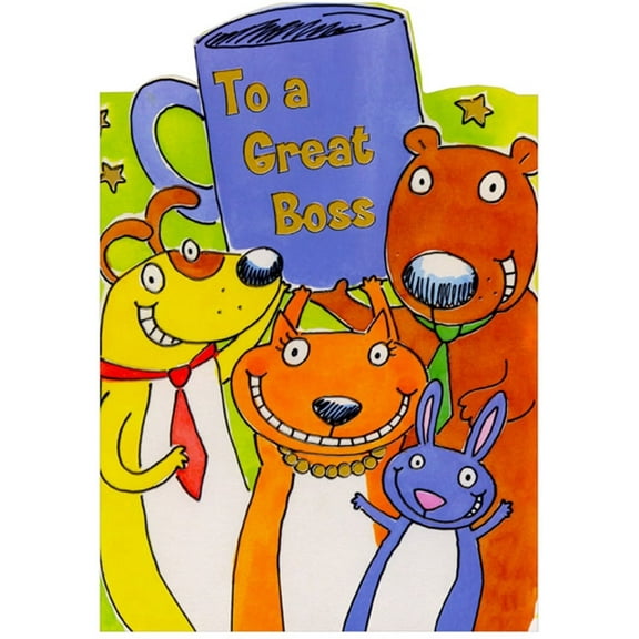 Designer Greetings Animals Holding Up Purple 'Great Boss' Mug Die Cut Boss's Day Card from All : Us : Group