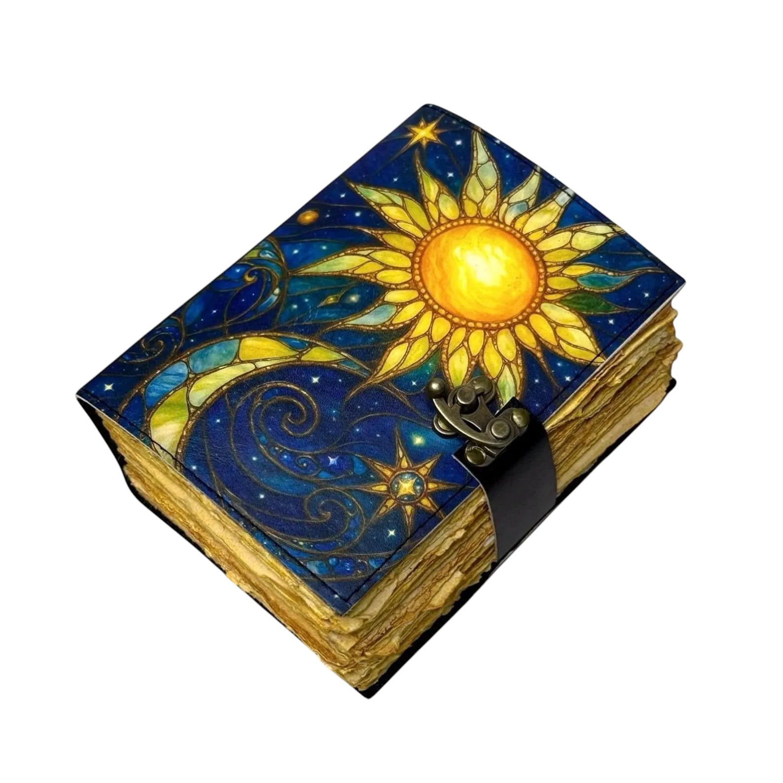 Handmade Leather Journal with Sun & Moon Artwork – 5x7 Inch Vintage Notebook with 200 Deckle Paper Pages, Antique Clasp, Handmade Writing Diary & Sketchbook