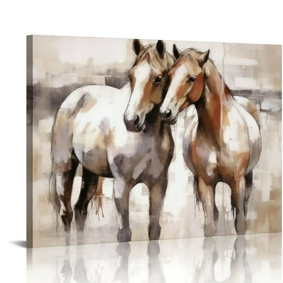 JRXY Horse Canvas Wall Art Farmhouse Horses Pictures Western Painting Bedroom Decor Sweet Couple Love Print Brown Animal Artwork Stretched Living Dining Room 20x16in