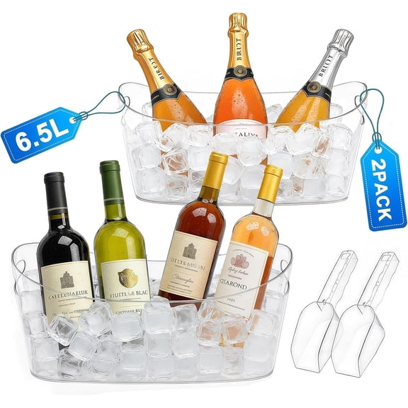 2 Pack：6.5L Ice Buckets for Parties, Portable Drink Bucket for Cocktail Bar, Plastic Champagne Cooler for Beverage/Wine/Beer, Mimosa Bar Supplies Chiller Tub with Scoop 15x7x8"