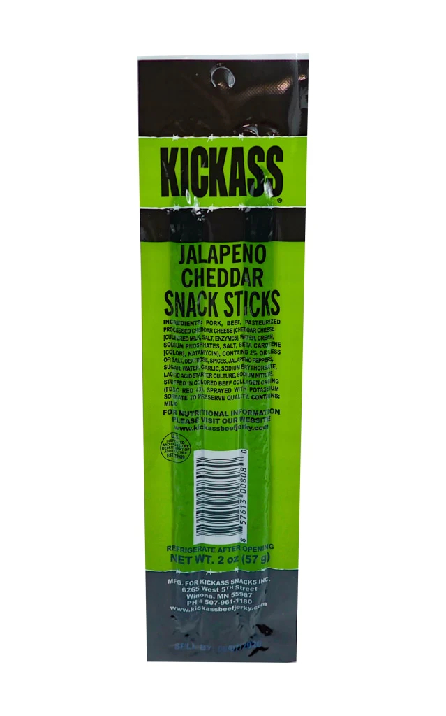 Kickass Jalapeño Cheddar Twin Pack Snack Sticks 16ct Case - 32 Jerky Sticks - 2oz Packs of Pork and Beef Jerky Meat Sticks - Beef Sticks Meat Snacks - Amazing Beef Stick