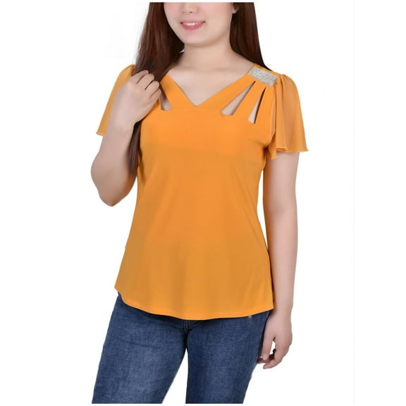 NY Collection Womens Petites Cutout Mesh Inset Blouse