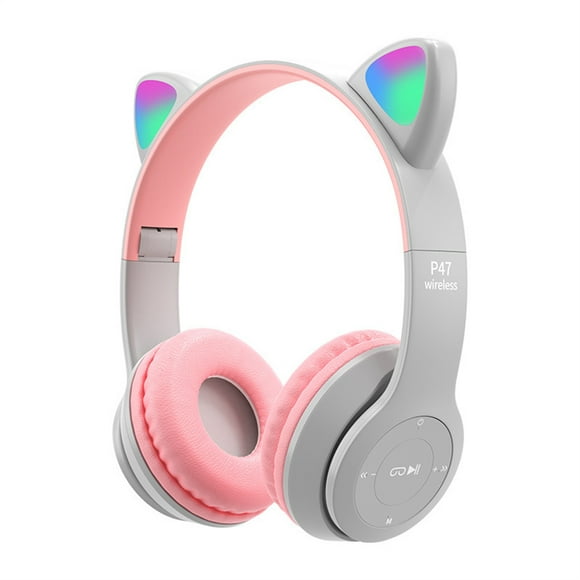 P47 Kids Headphones With Cat Ear RGB Led Light Up Foldable Over-Ear Headphones With AUX 3.5mm Wireless Headset