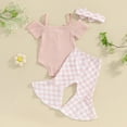 thumbnail image 4 of Odeerbi 3M-2Y Toddler Girls Summer Outfits Layette Set Bow Rib Knit Bodysuit Plaid Flared Pants with Headband Three-piece Set Jumpsuit Printed Trousers Set Toddler Girls Clothes, 4 of 7