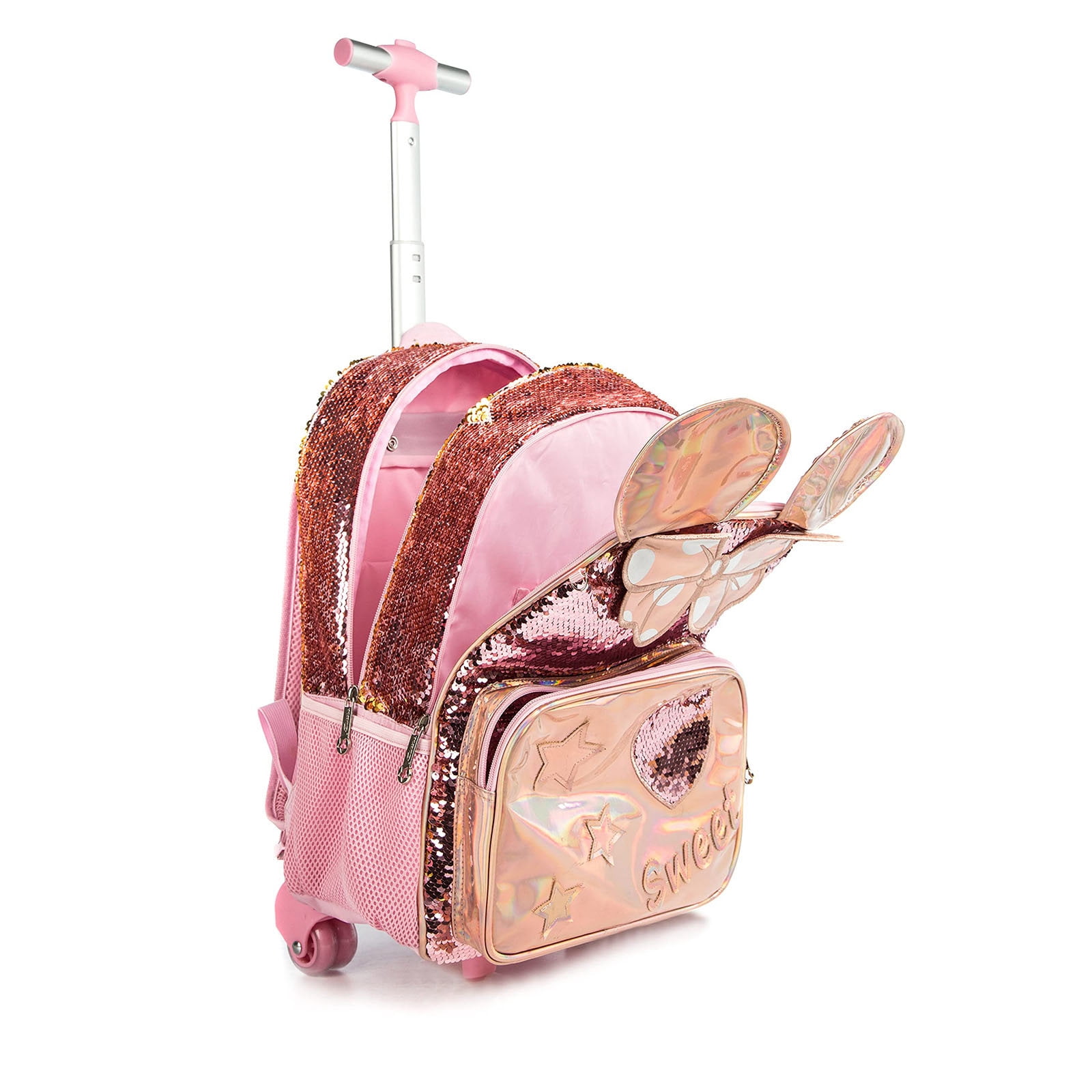 lvyH Women Girls 3 in 1 Pink Sequins School Rolling Backpack Student With Lunch Pencil Bag Crossbody Durable Bookbag Daypack Travel Outdoor