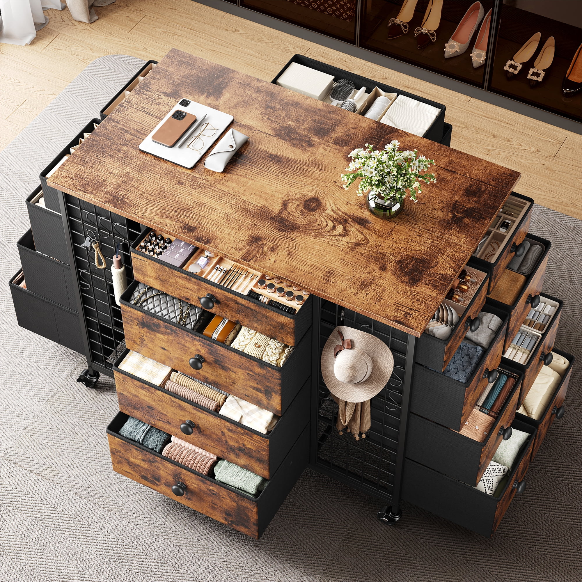 EnHomee 24 Drawers Dresser & Chests of Drawers Fabric dresser for Closet with Wheels,Rusric Brown